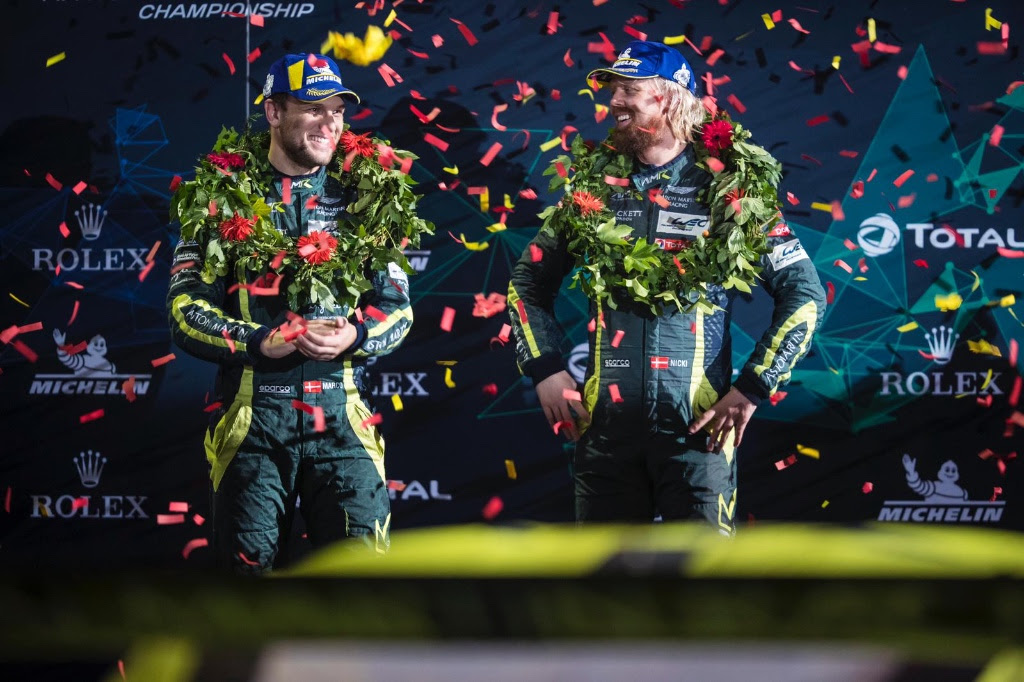 Marco Sørensen og Nicki Thiim lader sig hylde efter sejren i Shanghai
(Foto: Aston Martin Racing)